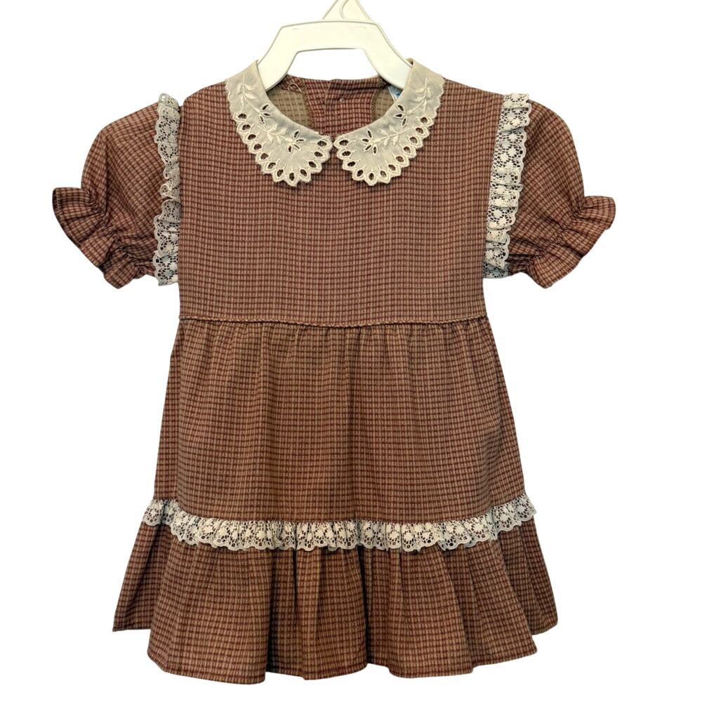 Vintage Nursery Rhyme Dress Plaid Lace Prairie Belk 24M 2T